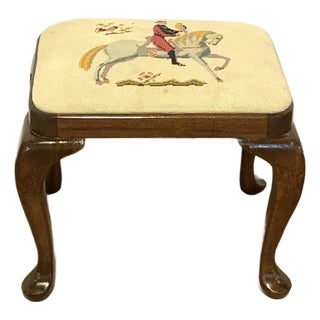 Vintage Queen Anne Walnut Footstool With Equestrian Fox Hunt Needlepoint For Sale