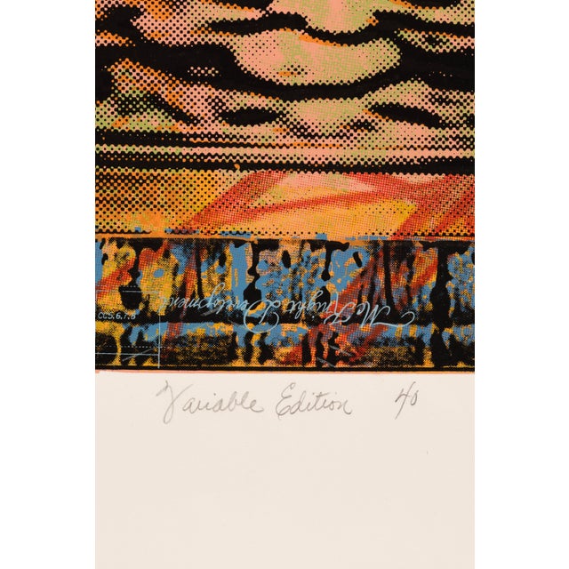 A color serigraph depicting a classical column rendered in orange tones against a layered blue, red and gold ground with...