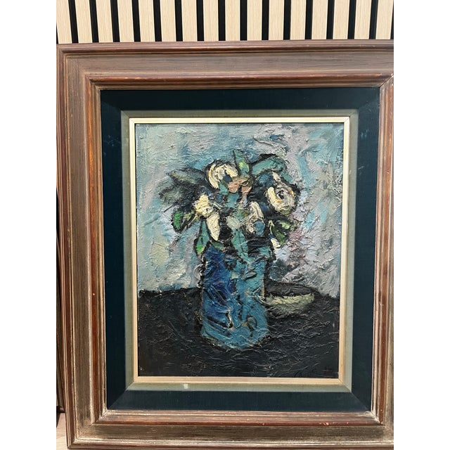 This is a strong, heavily impastoed oil painting of a floral still life, with a very distinctive mid-century/modernist...