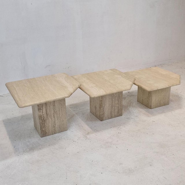Stunning set of 3 Italian coffee or side tables, handcrafted out of travertine. They can be used inside or outside the...