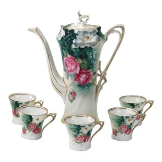 Antique Rs Prussia Porcelain Chocolate Pot With 5 Demitasse Cups C1890 For Sale