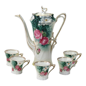 Antique Rs Prussia Porcelain Chocolate Pot With 5 Demitasse Cups C1890