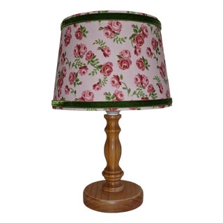 Vintage Table Lamp with Turned Spruce Wood Base and Fabric Shade, 1970s For Sale