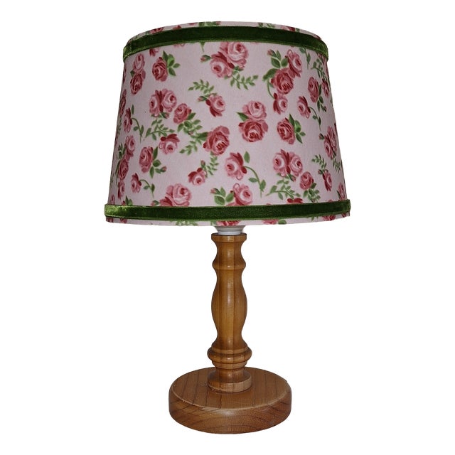 Vintage Table Lamp with Turned Spruce Wood Base and Fabric Shade, 1970s For Sale