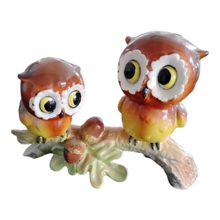 1970s Mid-Century Norcrest Ceramic Owls on a Branch For Sale