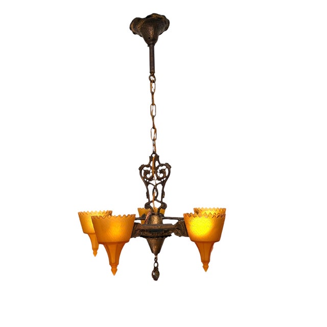 1930s 1930s 5 Light Spanish Revival With Amber Orange Glass Shades With Original Finish For Sale - Image 5 of 11