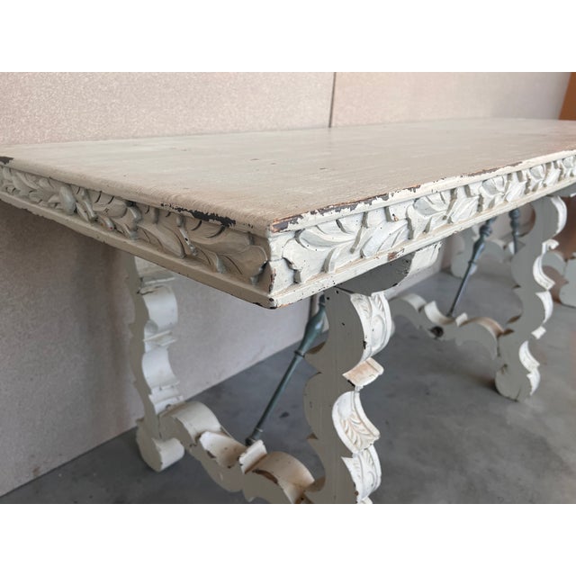 19th White Painted White Country Lyre Legs Large Console or Center Table For Sale - Image 11 of 13