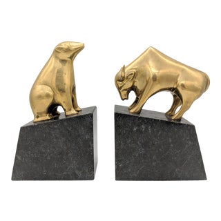 Vintage Brass Bull and Bear Wall Street Bookends on Marble Bases- a Pair For Sale