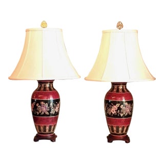 1980s Wescal Lamp Company Burgandy and Black Chinoiserie Table Lamps Set of Two W/ Imperial Pagoda Shades For Sale