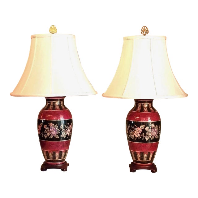 1980s Wescal Lamp Company Burgandy and Black Chinoiserie Table Lamps Set of Two W/ Imperial Pagoda Shades For Sale