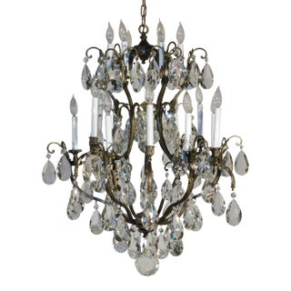 1950s Monumental Bronze 32" W X 38" T Cut Leaded Crystal Birdcage Chandelier For Sale