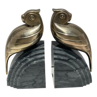 Brass Parrot or Quail Marble Bookeneds For Sale