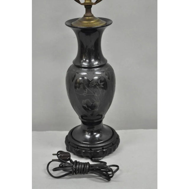 Vintage Carved Black Marble Small Oriental Urn Chinese Chinoiserie Table Lamp For Sale - Image 10 of 12