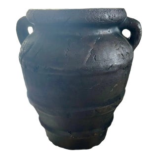 Vintage Primitive Black Brutalist Handled Urn or Vase For Sale