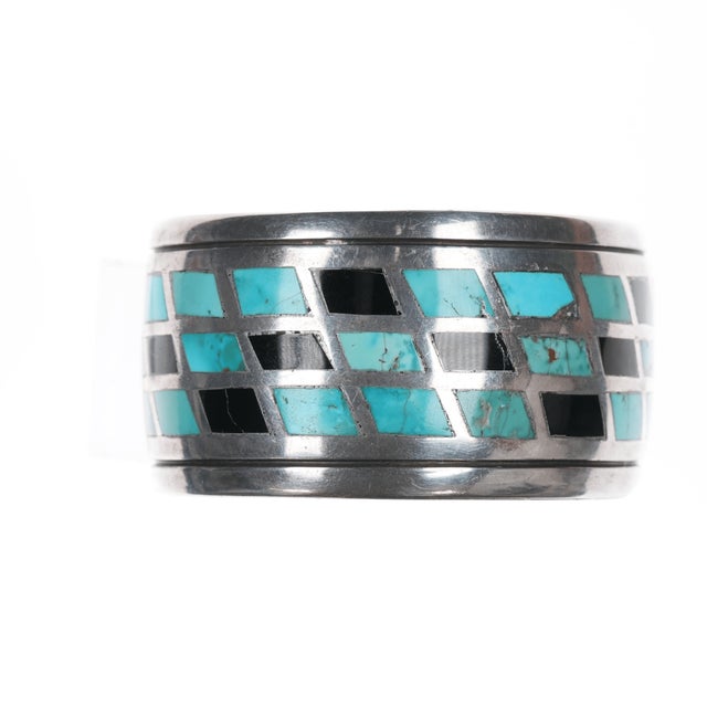 Late 20th Century 6.75" Kee Joe Benally Navajo Sterling - Turqoise & Jet Inlay Cuff Bracelet For Sale - Image 5 of 11