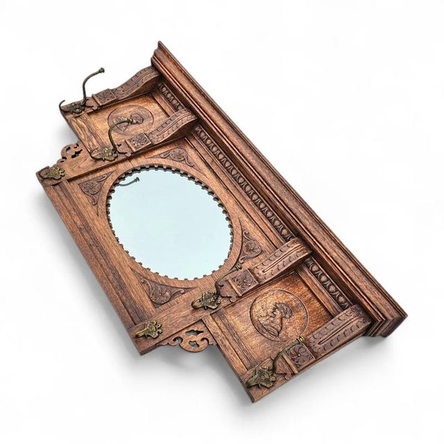 Dutch Entryway Wall Coat Rack in Carved Wood with Central Mirror, 1950s For Sale - Image 14 of 15