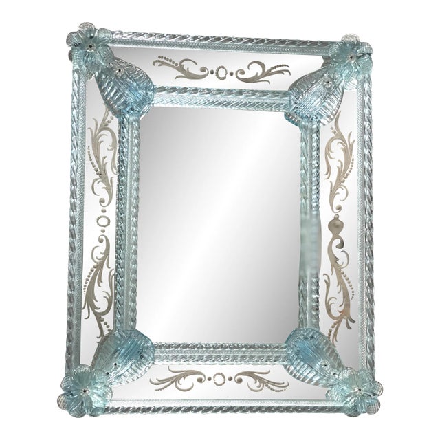 Venetian Rectangular Light-Blue Floreal Hand-Carving Mirror in Murano Glass Style For Sale