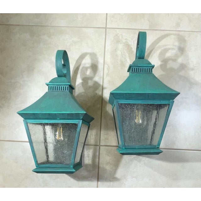 Pair of Vintage Solid Brass Outdoor Lanterns – Arts & Crafts Mission Style For Sale - Image 4 of 13
