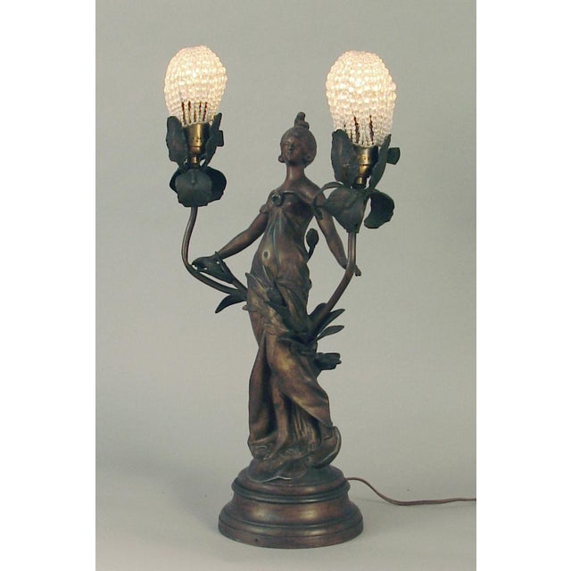 Auguste Moreau 1990s Auguste Moreau French Art Nouveau Table Lady Lamp, "Dawn," Two Lights, Bronzed Spelter For Sale - Image 4 of 10