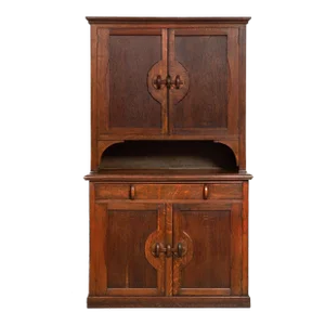 English Arts & Crafts Oak Two-Part Step Back Cupboard Cabinet C. 1920