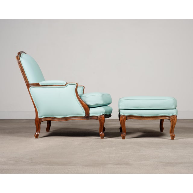 Louis XV Style Bergère Lounge Chair in Tiffany Blue + Ottoman For Sale - Image 9 of 18