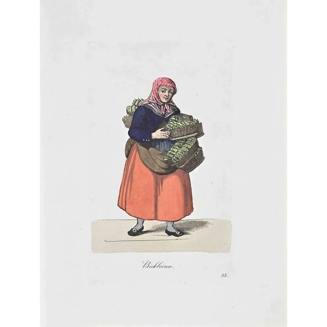 Hand-colored etching by Christoph Suhr in 1808. Belongs to the series "Der Ausruf in Hamburg dargestellt in einhundert und...