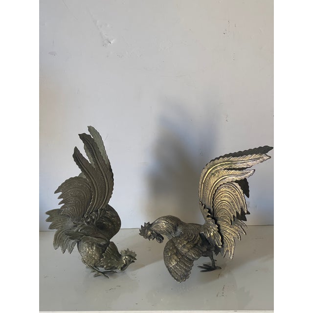 Dark Gray Gorgeous Antique Pair of Brass Fighting Roosters Sculptures For Sale - Image 8 of 10
