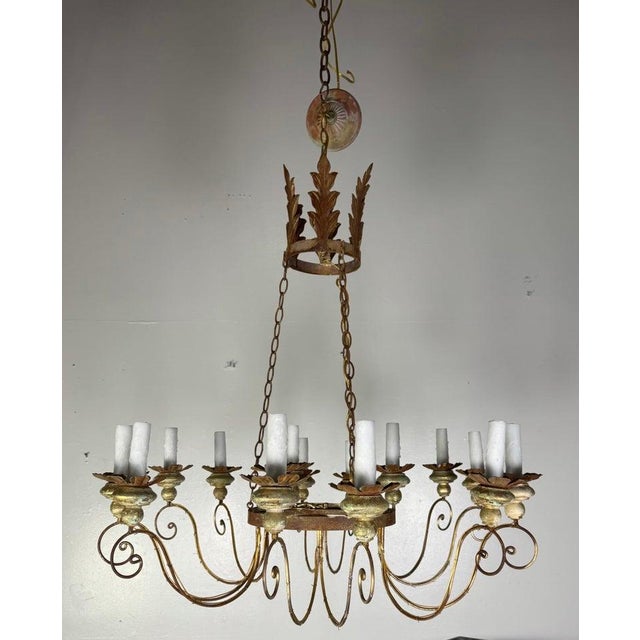 Farmhouse Fifteen-Light Italianate Gilt Iron Chandelier For Sale - Image 3 of 9