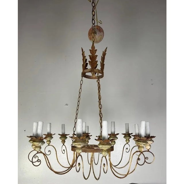 Farmhouse Miamar Twelve-Light Wrought Iron Chandelier With Gilt Finish For Sale - Image 3 of 9