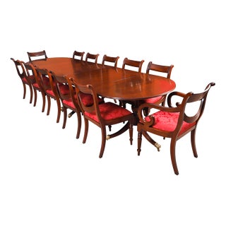 Antique Regency Triple Pillar Dining Table and Swag Back Chairs, 1900s, Set of 13 For Sale