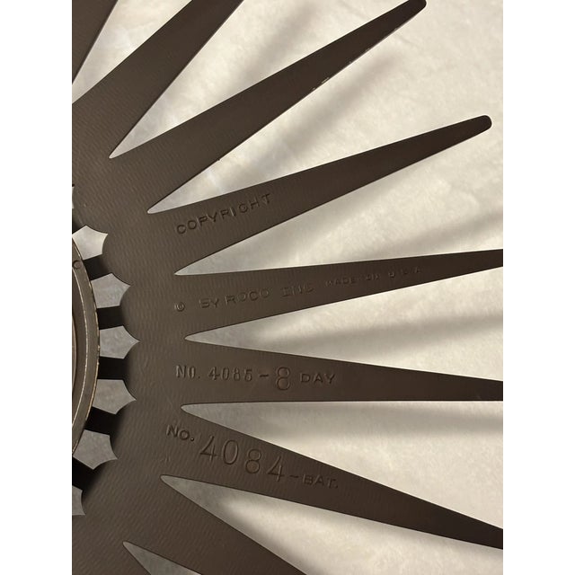 Syroco Vintage Syroco Sunburst Danish Mid Century Modern Nordic Wall Clock Made Usa For Sale - Image 4 of 6