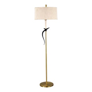 1950-1960’s MCM Floor Lamp Brass Plated and Black Pheasant Tail Accent With Silk Drum Shade For Sale