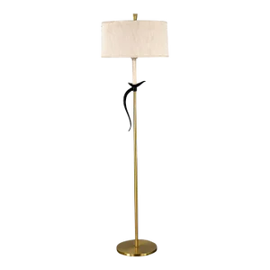 1950-1960’s MCM Floor Lamp Brass Plated and Black Pheasant Tail Accent With Silk Drum Shade
