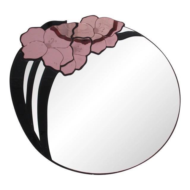 Mid Century David Marshall Black & Lavender Round Iris Design Mirror For Sale