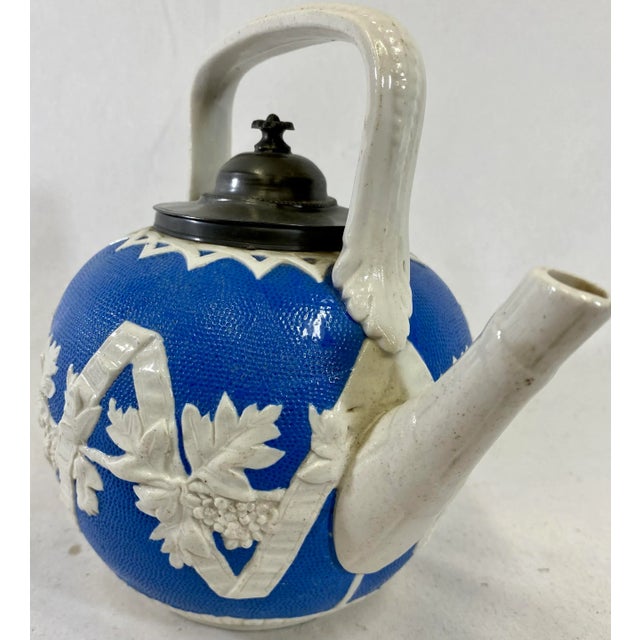 Antique Salt Glazed Tea Pot Decorated With Ribbons and Grapes With Pewter Lid From England - Circa 19th Century For Sale - Image 4 of 11