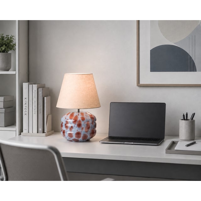 Contemporary Hand-Blown Glass Table Lamp with Linen Shade in Azure Speckled by Svitanok For Sale - Image 3 of 4