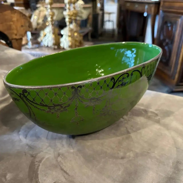 Metal 1940s Art Deco Green Ceramic and Silver Oval Italian Centerpiece For Sale - Image 7 of 9