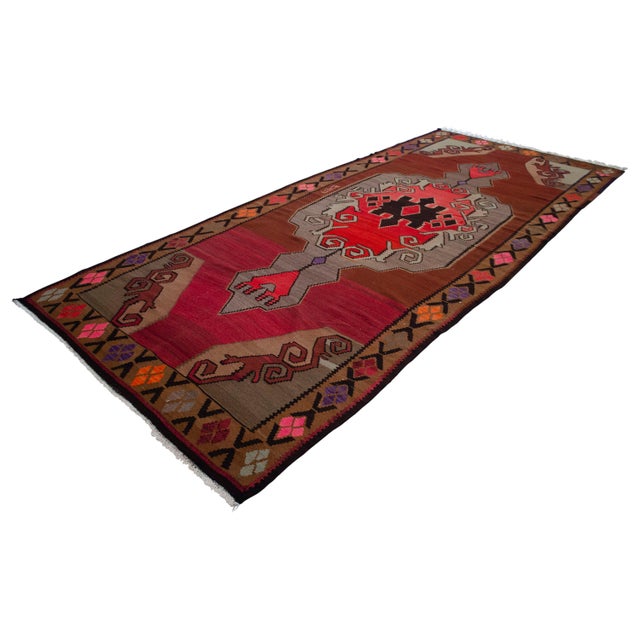 1970s Vintage Turkish Kilim Runner Rug Hand Woven Wool Large Runner Rug - 5'10" X 11'7" For Sale - Image 5 of 17