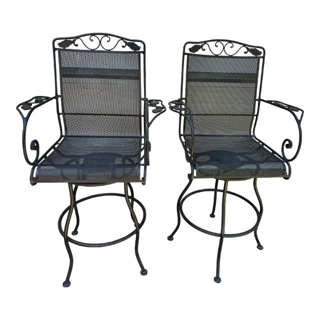 Vintage O.W. Lee Garden Park Wrought Iron Swivel Bar Stools - A Pair For Sale