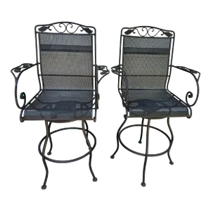 Vintage O.W. Lee Garden Park Wrought Iron Swivel Bar Stools - A Pair