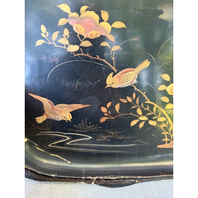 Vintage Black Lacquer Chinoiserie Bird Tray For Sale - Image 13 of 15