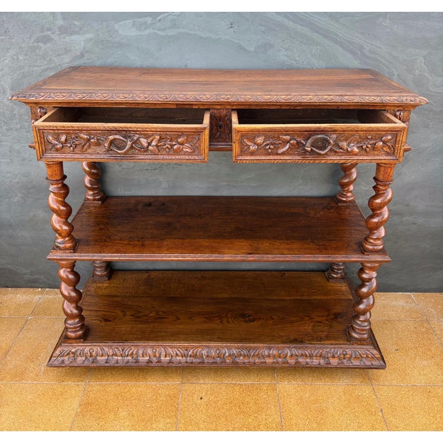 Carved Oak Barley Twist Console Table With Shelves For Sale - Image 11 of 14