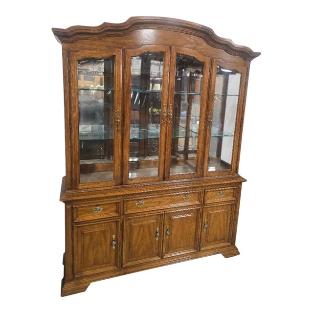 Vintage Thomasville Oak Glass Display China Cabinet & Hutch For Sale