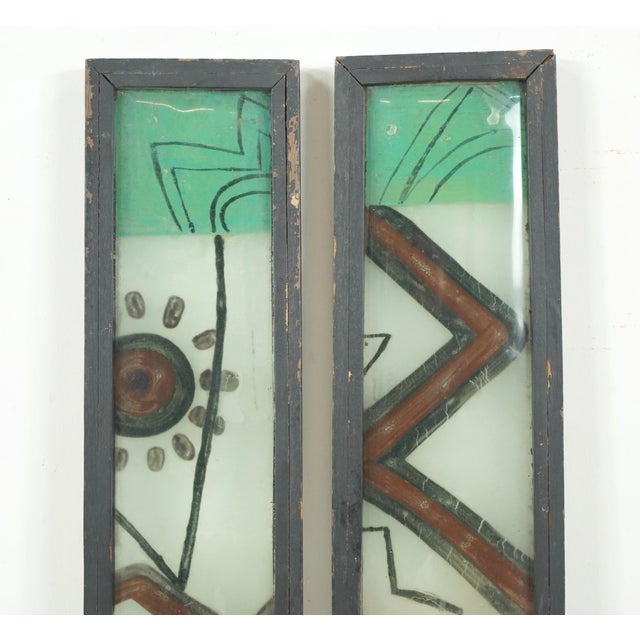 Pair of Wood Framed Painted Folk Art Glass Windows For Sale - Image 6 of 8