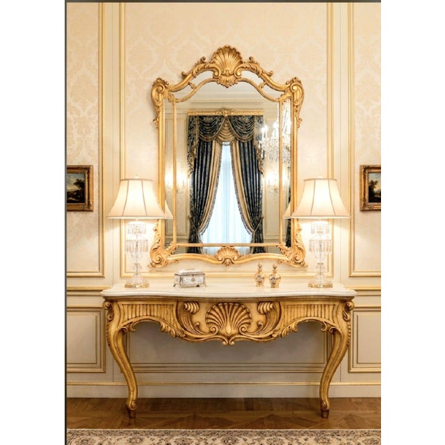 Mid 20th Century ​Monumental Exquisite Vintage Louis XV Rococo-Style Gilt Wood and Off White Marble-Top Wall-Mounted Console Table For Sale - Image 5 of 12