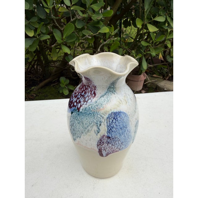 Late 20th Century Vintage 8” Studio Pottery Ruffled Rim Drip Glaze Art Vase For Sale - Image 5 of 11