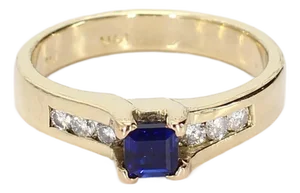 14k Yellow Gold Ring Princess Cut Blue Sapphire & Round Brilliant Diamonds, Size 7.25
