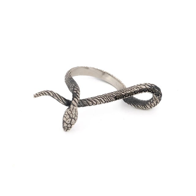 Mythology Snake Sterling Silver & Black Diamond Design Ring, Size 6 For Sale - Image 9 of 10