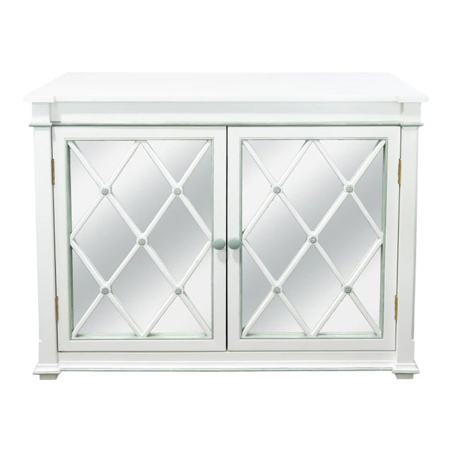 Vintage Elegant White Mirrored Buffet Sideboard With Diamond Lattice Detail For Sale