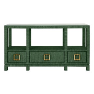 Matthew Izzo Home Campbell Green Grasscloth Two Tiered, Three Drawer Console Table With Satin Brass Hardword and Glass Top For Sale